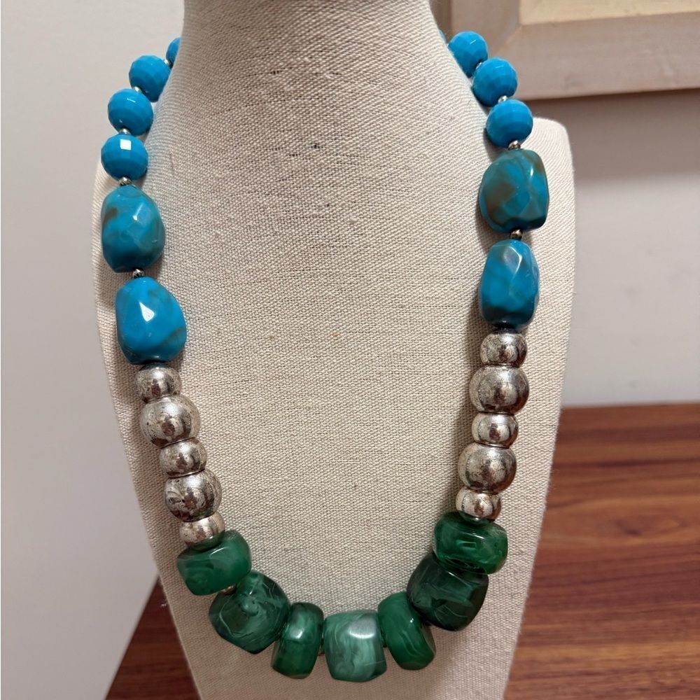 Chunky Necklace with Green, Turquoise & Silvertone Acrylic Beads.